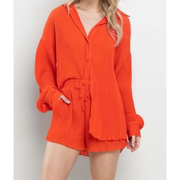 Orange Red Plisse Short set - Picture 2 of 8